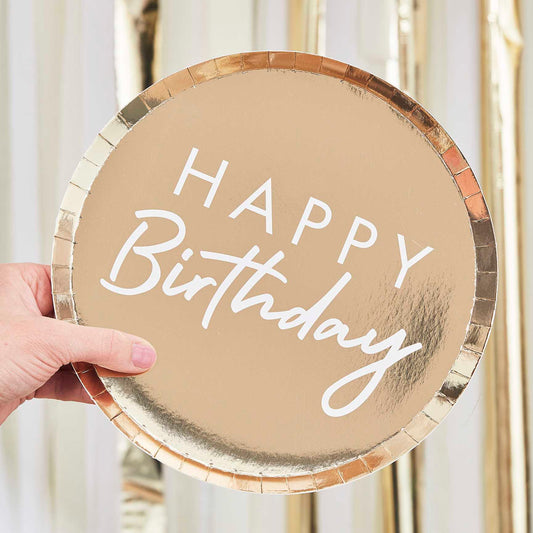 Gold Paper Plates Happy Birthday - Pack of 8