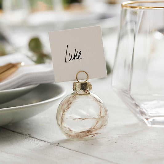 Glass bauble Christmas place card holders with pampas grass